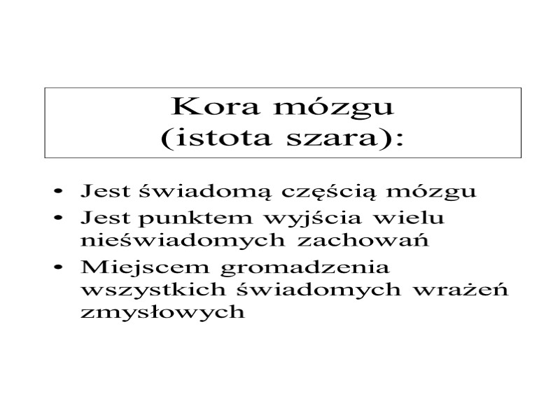 Kora mózgu  (istota szara): Jest świadomą częścią mózgu Jest punktem wyjścia wielu nieświadomych